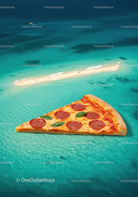 Pepperoni pizza slice floating over turquoise sea