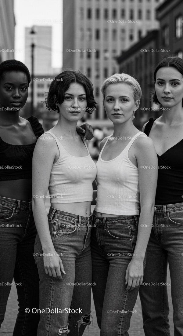 Four young women standing together outdoors in urban setting