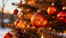 Golden Hour Glow on Festive Christmas Tree Ornaments