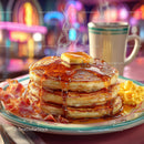 Stack of Fluffy Pancakes with Syrup and Bacon for Breakfast or Brunch