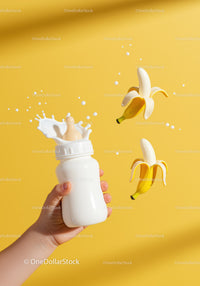 Baby bottle with splash and peeled bananas on yellow background