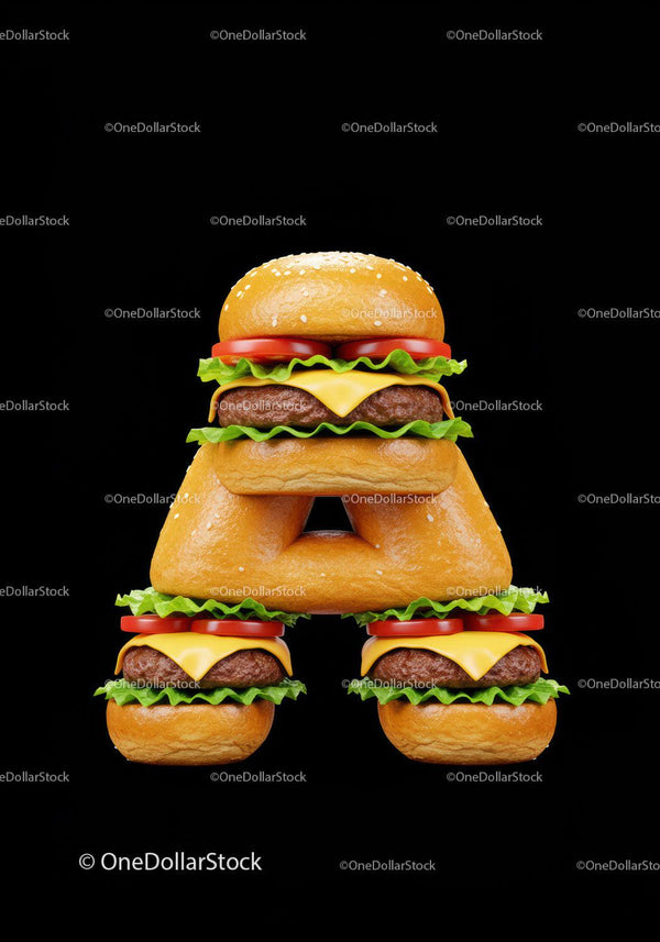 Creative burger arrangement forming letter A on black
