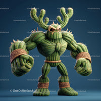 Vibrant Green Anthropomorphic Cactus Character with Muscular Build