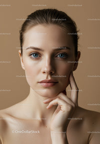 Close-Up Portrait of a Young Woman with Blue Eyes and Flawless Skin