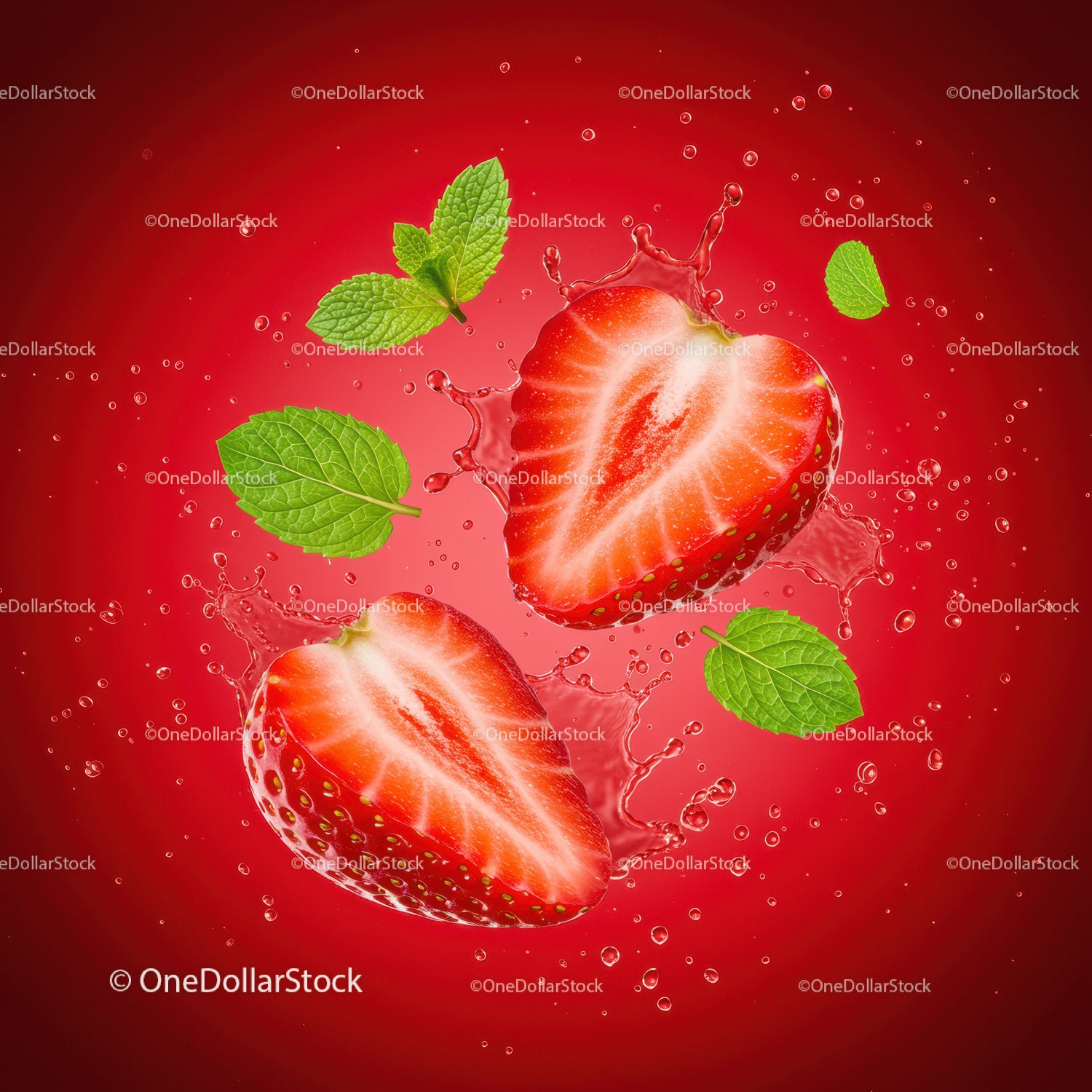 Fresh Strawberry Halves with Mint Leaves Splashing