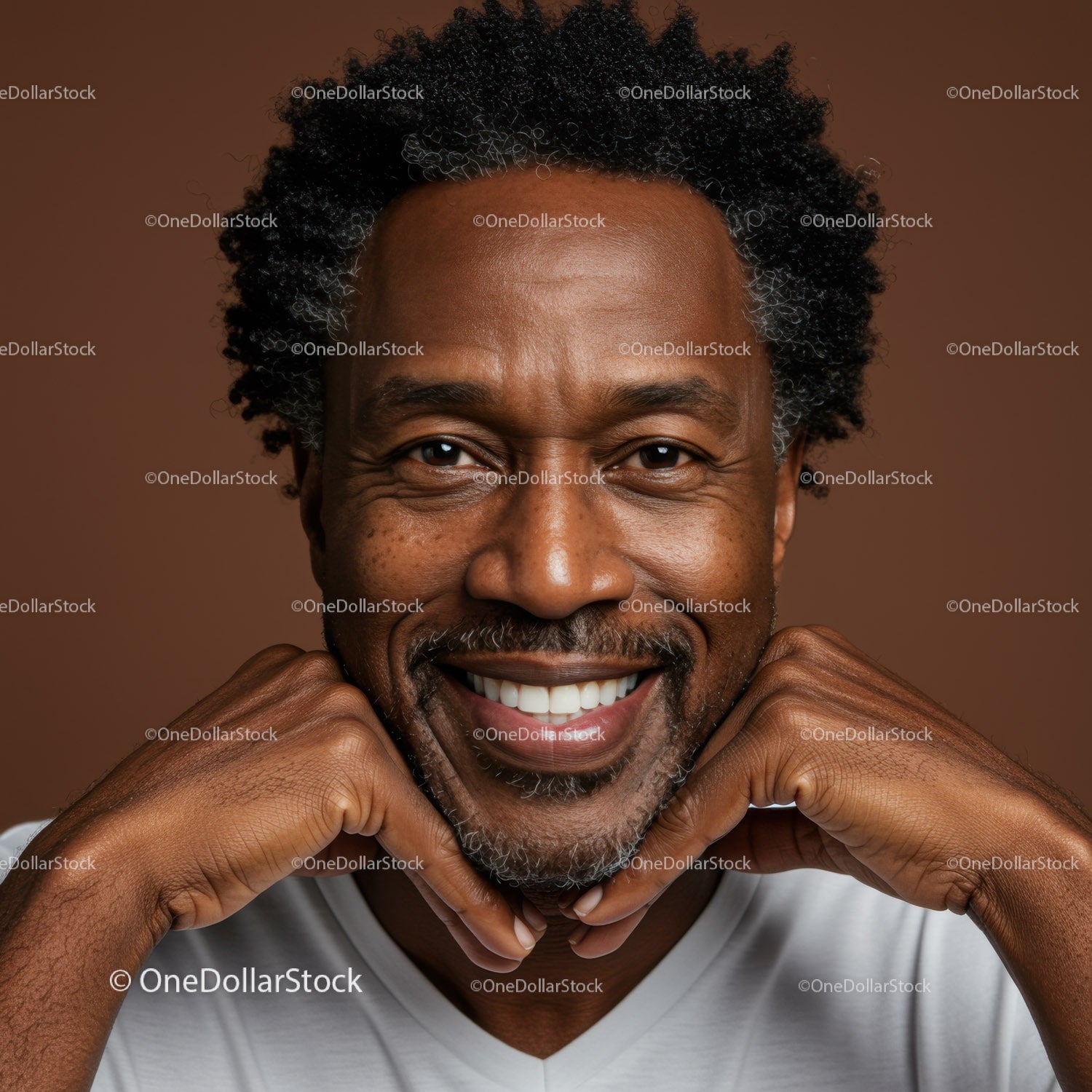 Smiling Man with Afro Hair and Bright Expression Over Brown Background