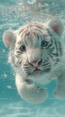 White tiger cub swimming underwater with piercing blue eyes