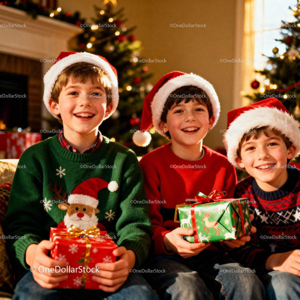 Three Boys Smiling with Christmas Gifts Indoors