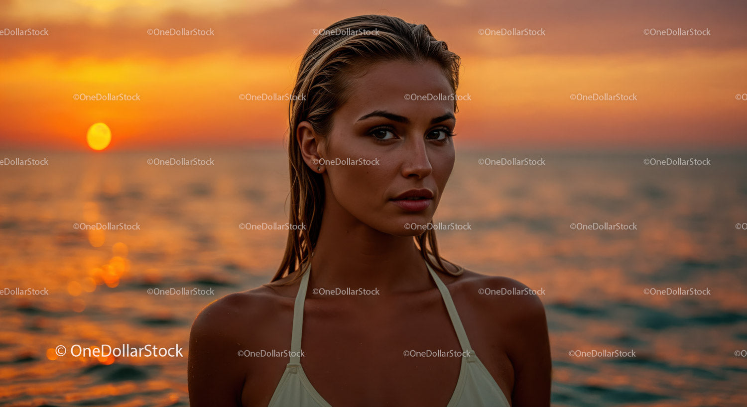 Close-Up of a Woman with Wet Hair and Water Droplets at Sunset