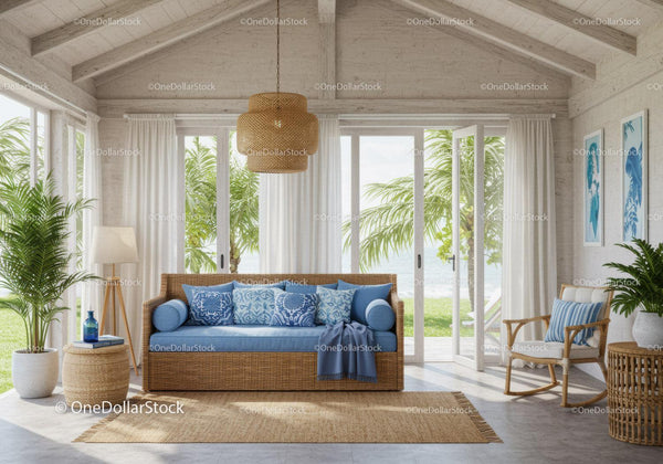 Cozy coastal living room with wicker furniture and blue accents