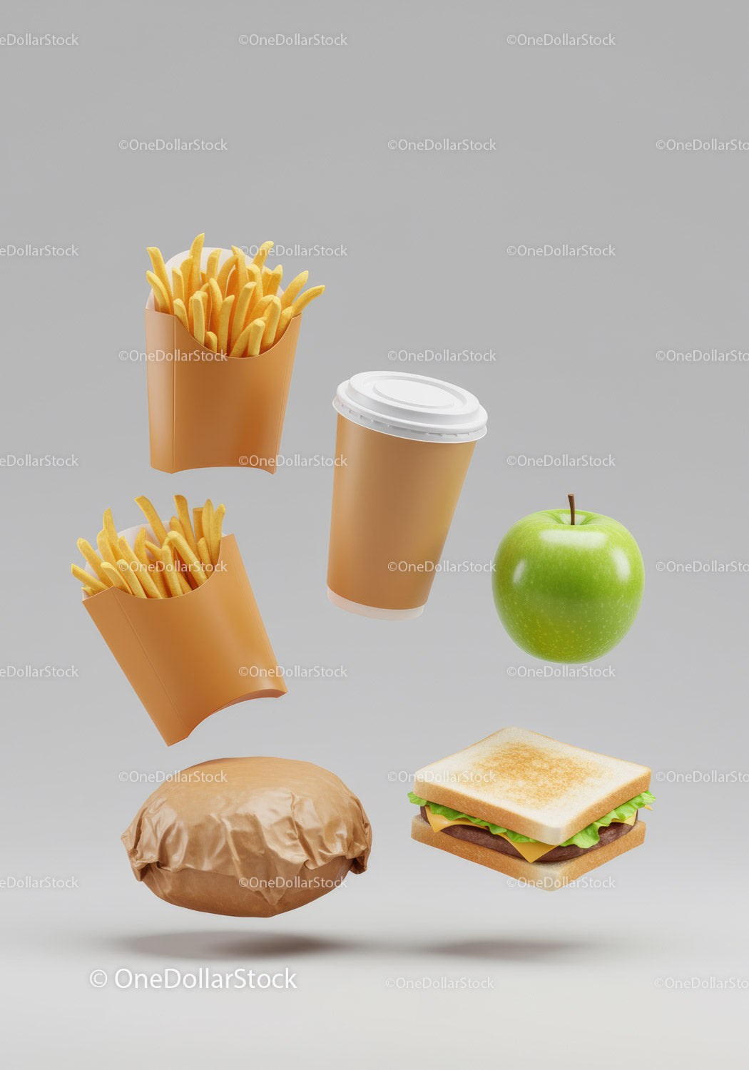 Variety of fast food items and a fresh green apple
