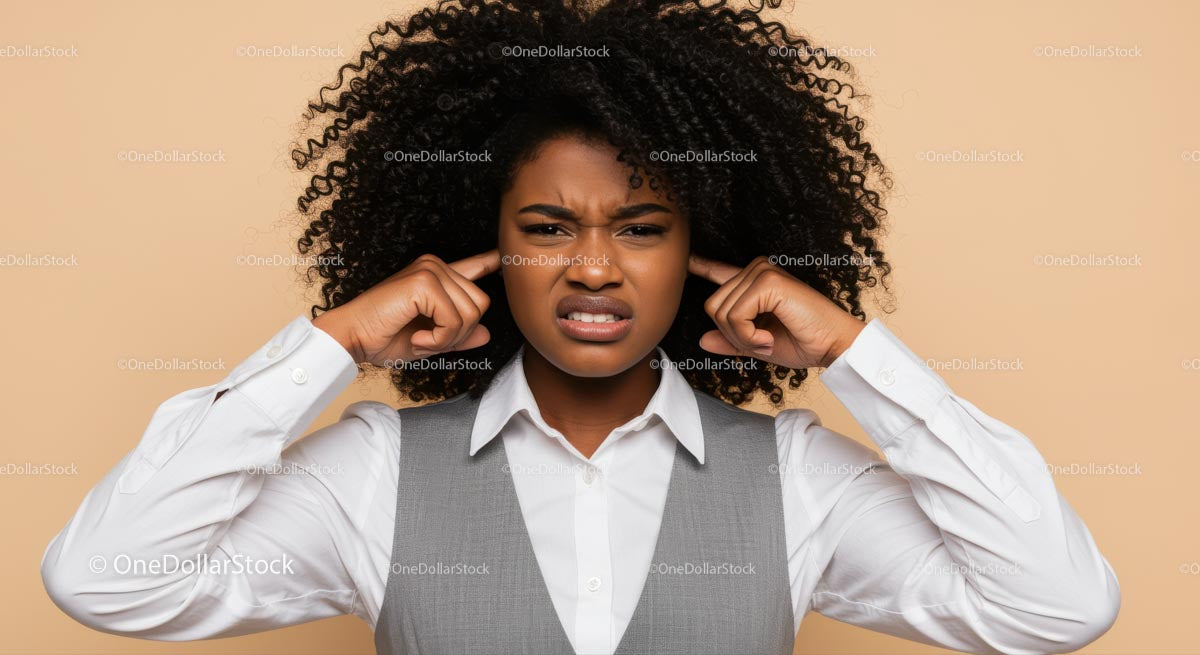 Frustrated Woman Covers Ears Against Noise in Business Attire