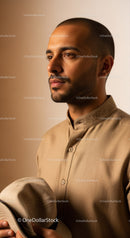 Male Portrait in Traditional Beige Kurta with Embroidered Collar