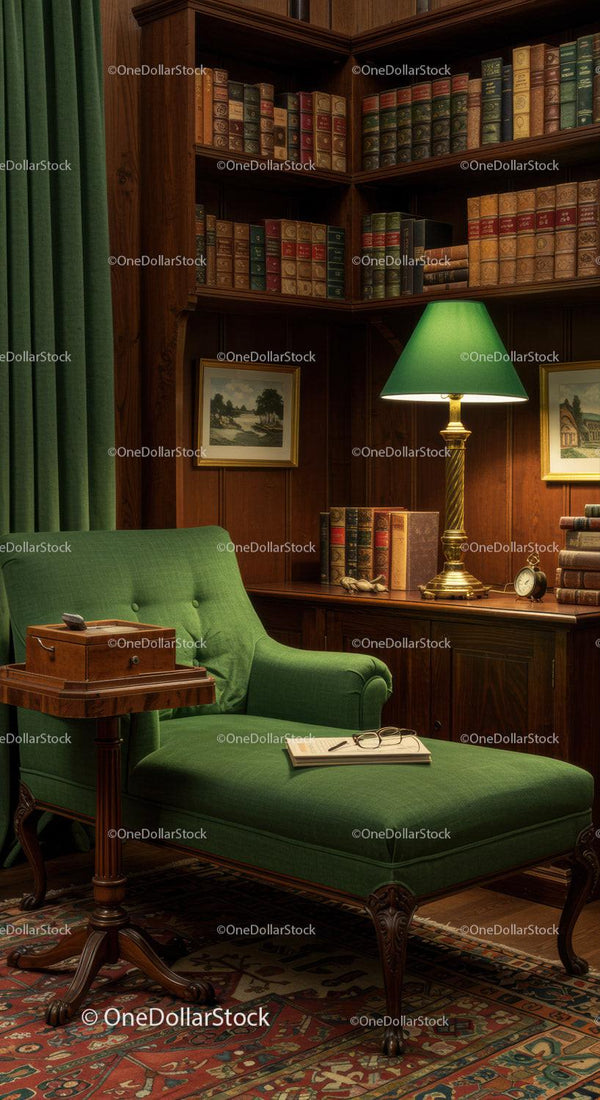 Cozy green chaise lounge in classic wooden library corner