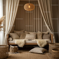 Cozy neutral-toned living space with layered textiles