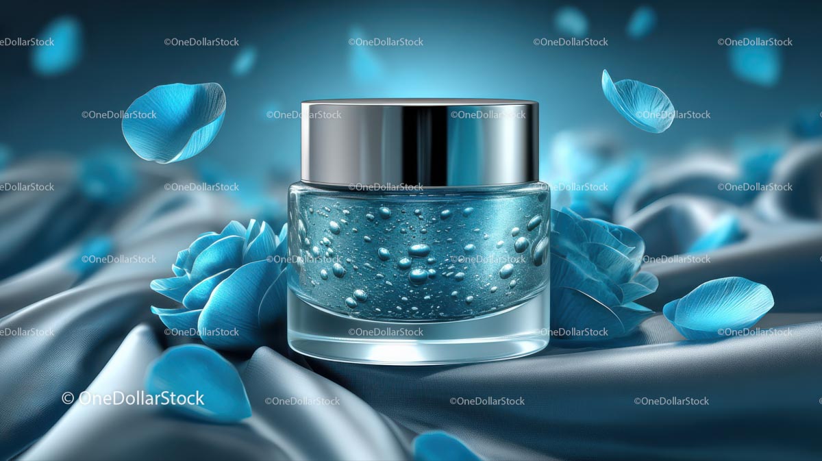 Elegant Blue Cosmetic Jar Among Delicate Petals