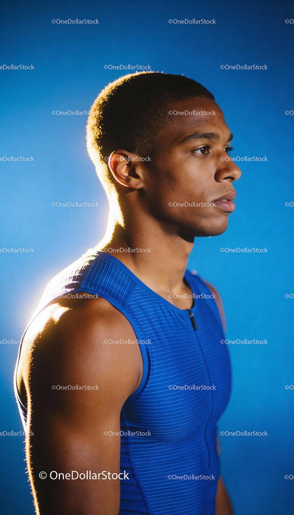 Determined male athlete in blue sportswear in profile