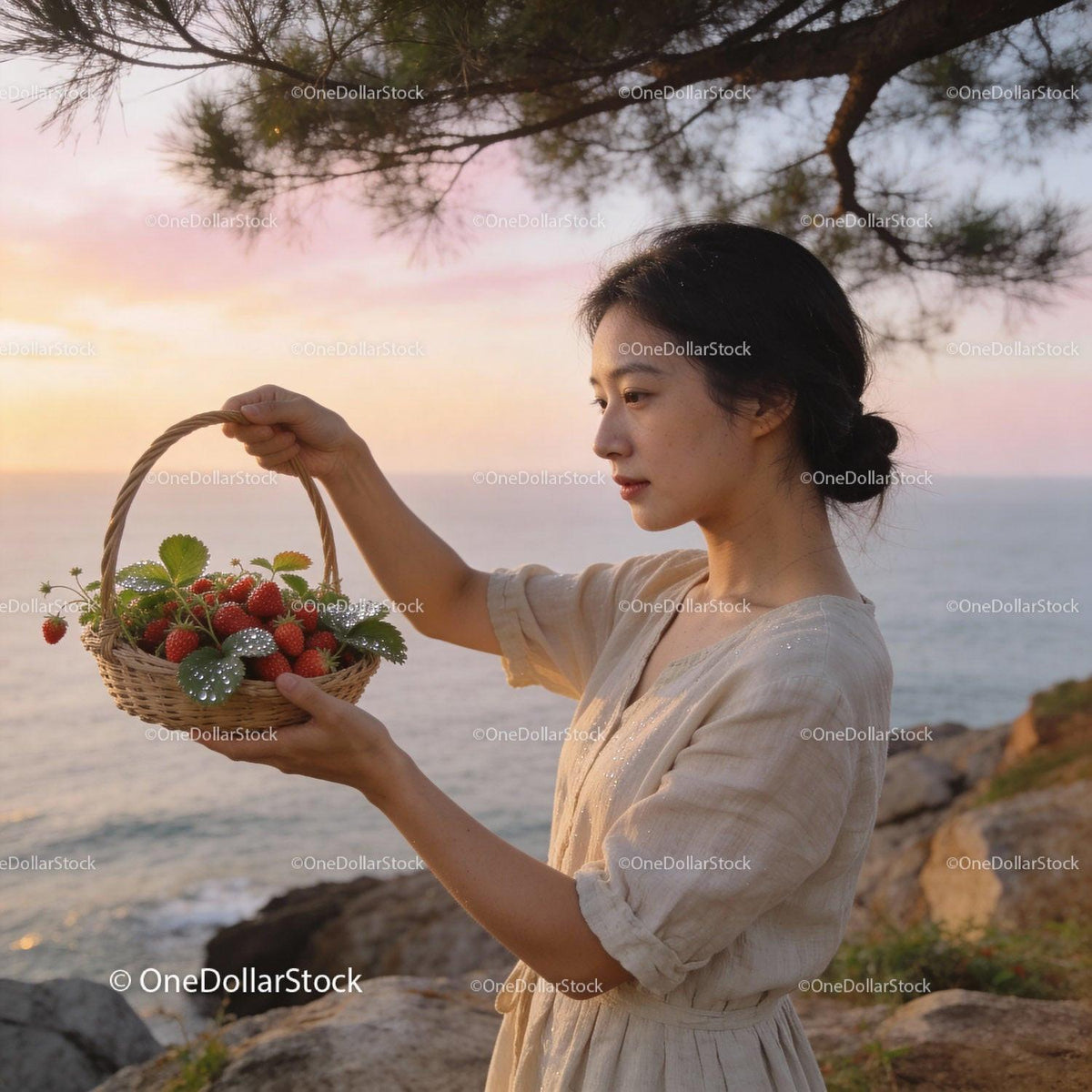 Young woman holding a basket of fresh strawberries by sea