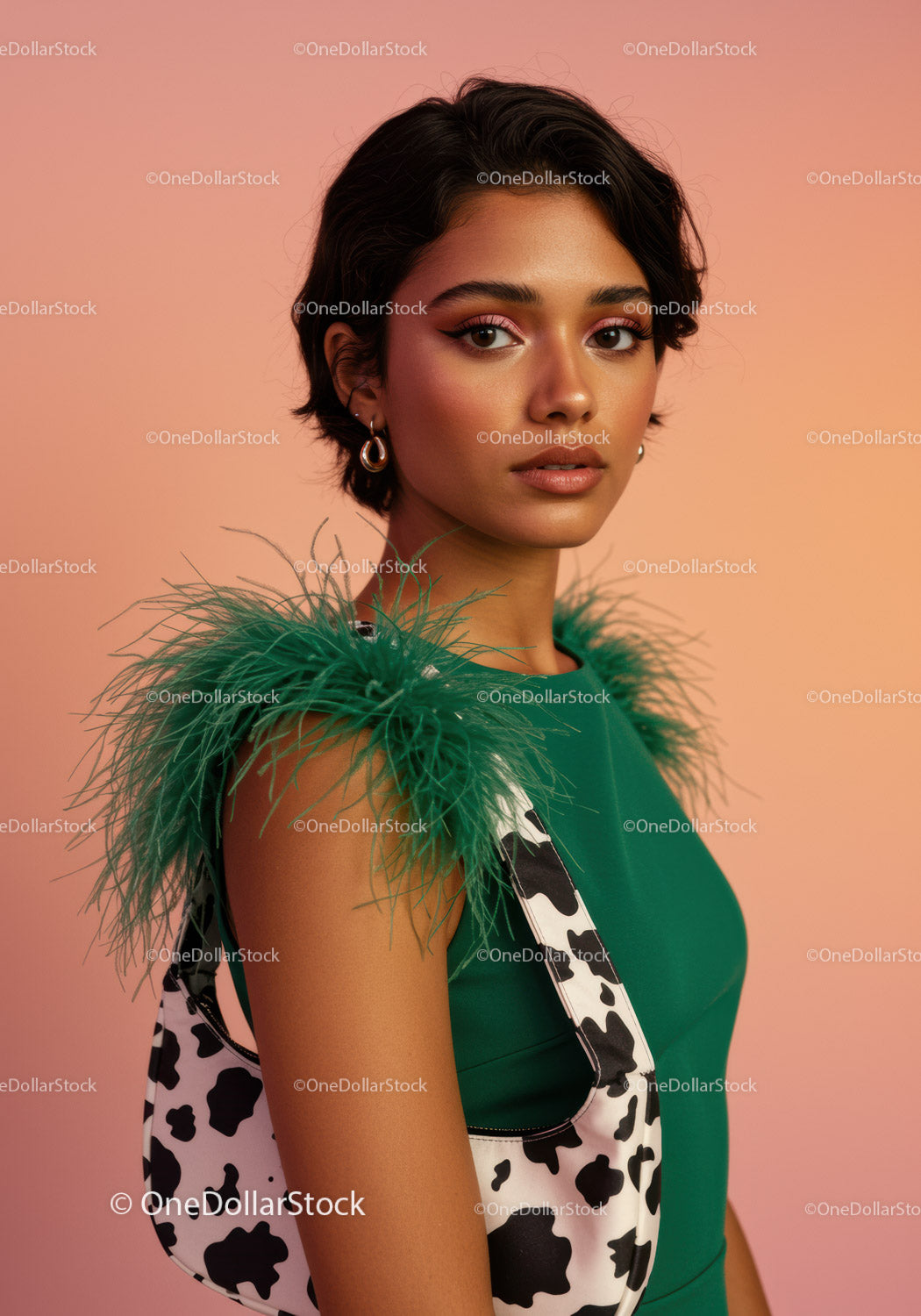 Elegant Woman in Green Dress with Feathers and Cow Print Details