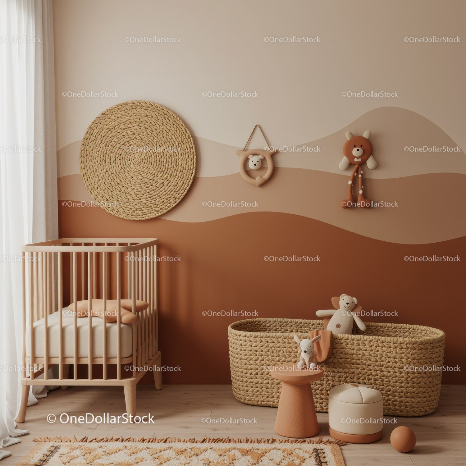 Minimalist Nursery with Woven Baskets and Plush Toys in Soft Colors