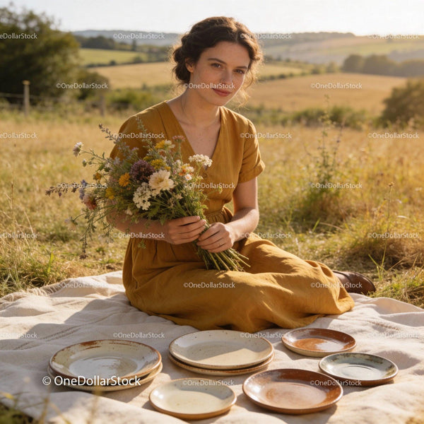 Young woman in mustard dress enjoying countryside picnic
