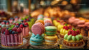 Colorful Assorted Macarons and Berry Topped Cake Display