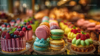 Colorful Assorted Macarons and Berry Topped Cake Display