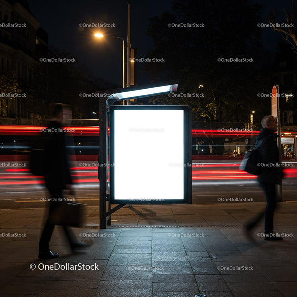 Illuminated Blank Bus Stop Advertising Display at Night JPG Mockup Image