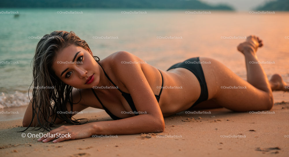 Młoda kobieta leżąca na plaży o zachodzie słońca w czarnym bikini