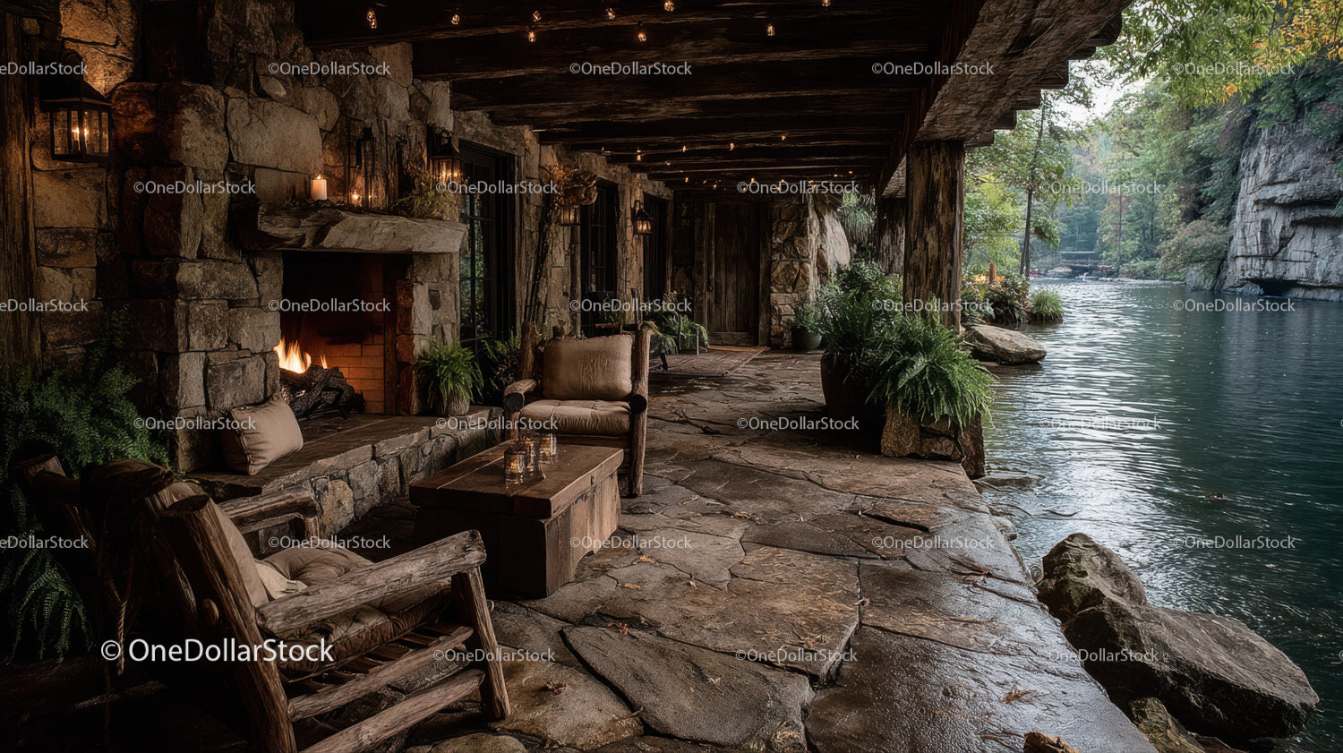 Rustic Riverside Cabin with Stone Fireplace Surrounded by Autumn Foliage