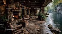 Rustic Riverside Cabin with Stone Fireplace Surrounded by Autumn Foliage