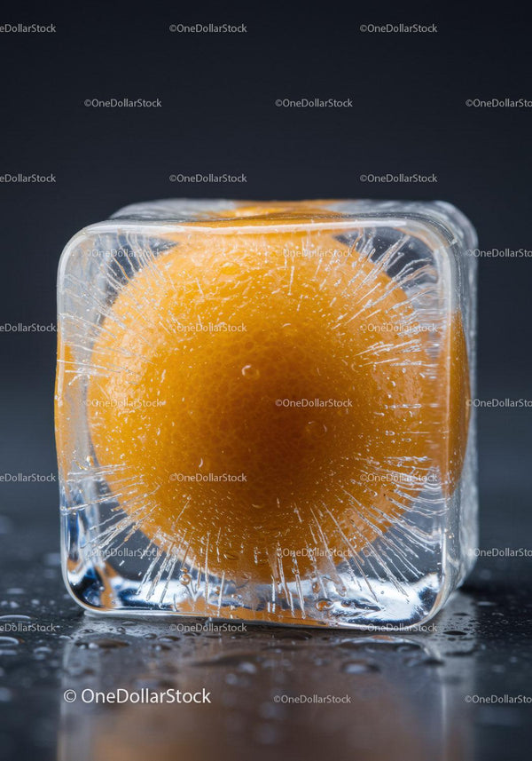 Orange Fruit Frozen Inside a Clear Ice Cube