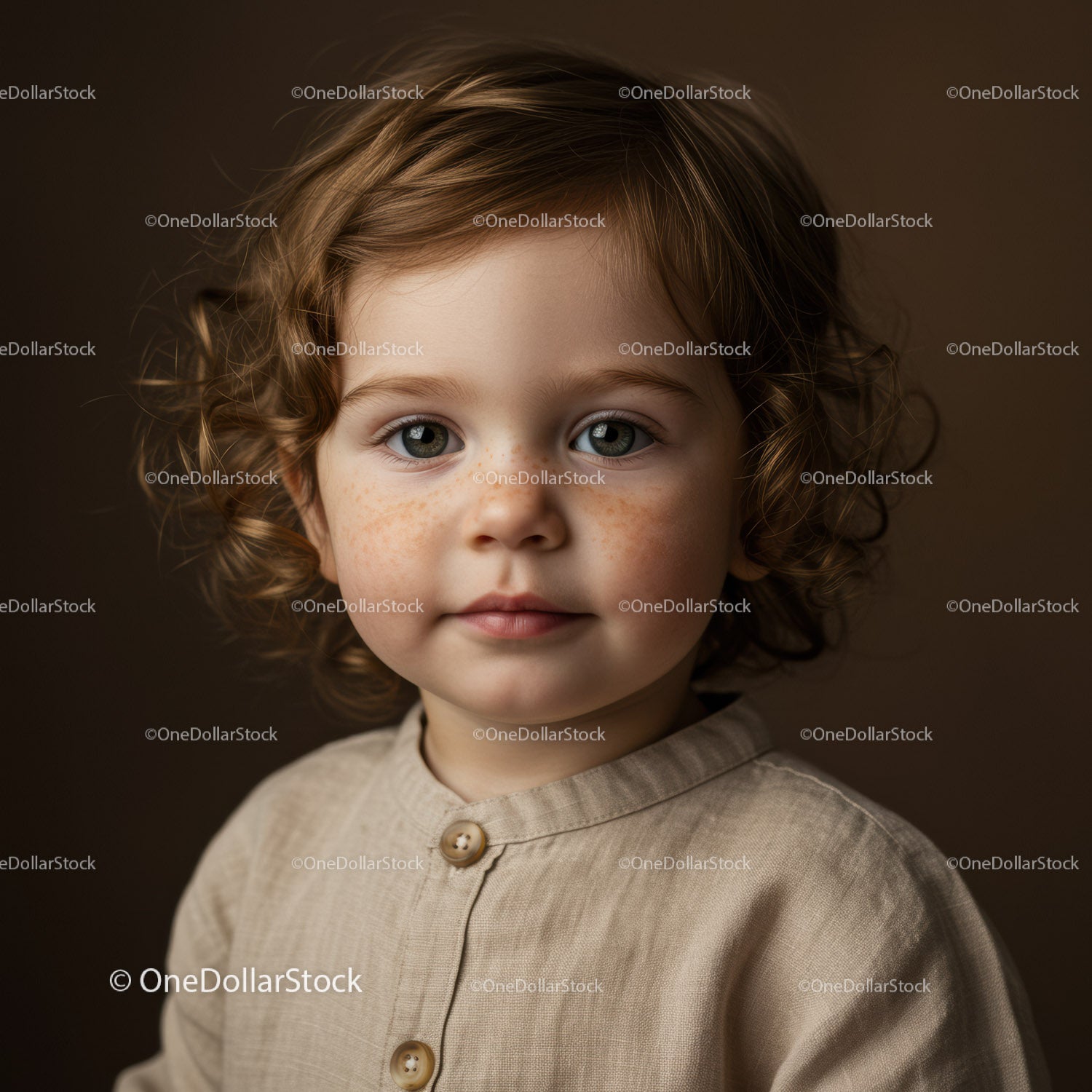 Portrait of toddler with curly hair and freckles