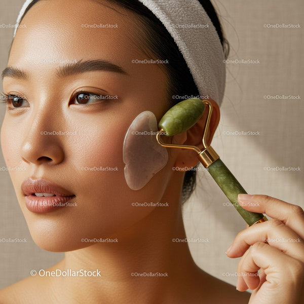 Asian Woman Using Jade Roller for Facial Skincare and Relaxation