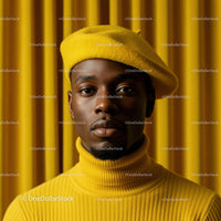 Confident man in mustard yellow beret and turtleneck