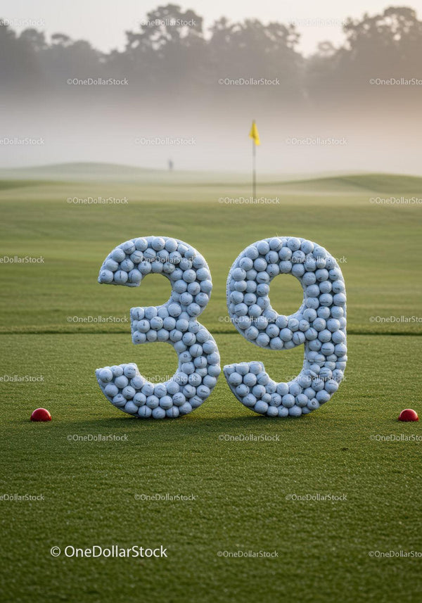 Piłeczki golfowe ułożone w kształt liczby trzydzieści dziewięć na polu golfowym
