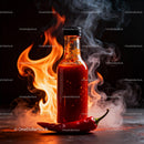 Spicy hot sauce bottle with chili and flames