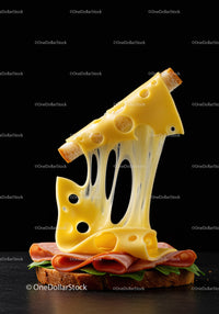 Melting Swiss cheese stretching above ham sandwich