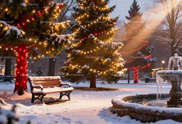 Snow covered bench near glowing Christmas trees at dusk