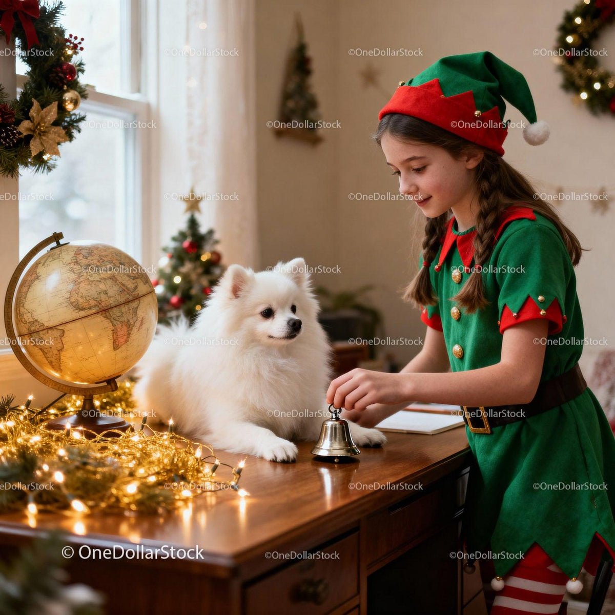 Young girl in elf costume ringing bell beside dog