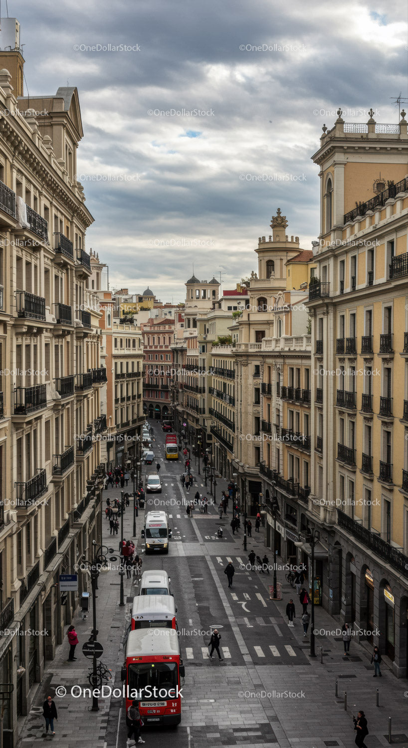 Charming European City Street with Historic Buildings and Busy Traffic