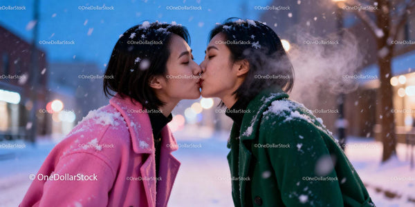 Couple sharing a tender kiss in snowy winter evening