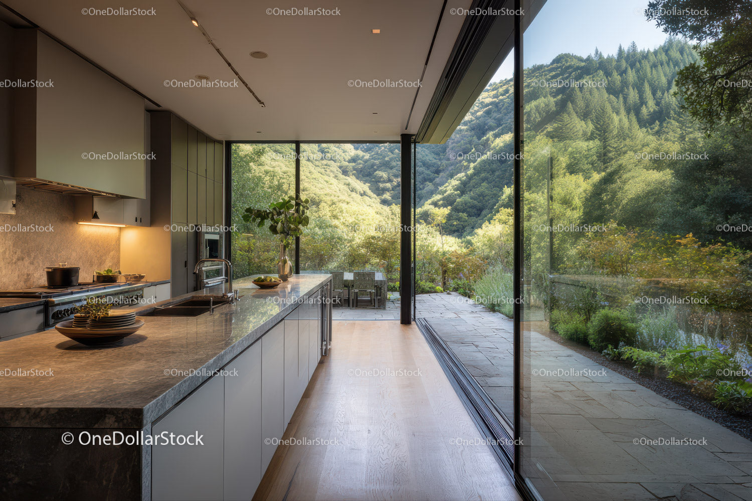 Elegant Modern Kitchen Overlooking Scenic Mountain Forest