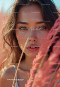 Close-up of Beautiful Woman with Blue Eyes and Pink Grass
