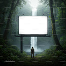 Explorer standing before blank billboard near waterfall