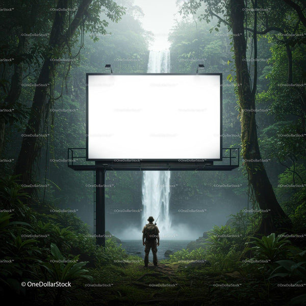 Explorer standing before blank billboard near waterfall JPG Mockup Image