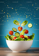 Fresh garden salad with flying vegetables and dressing