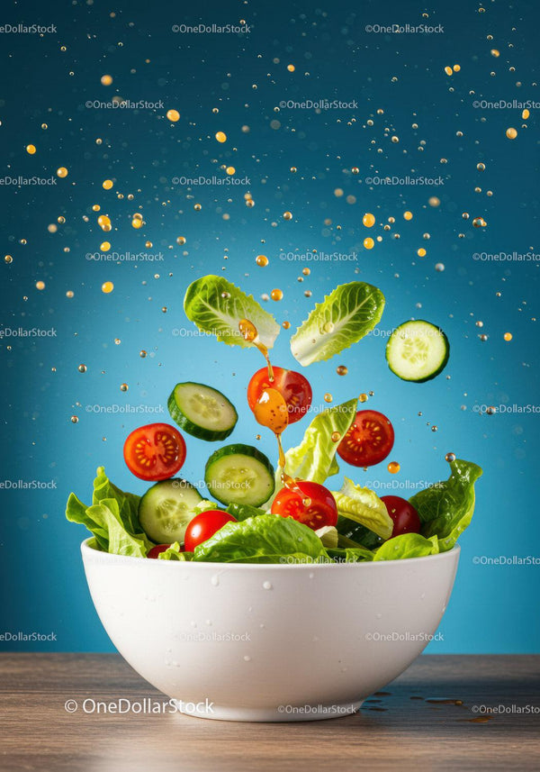Fresh garden salad with flying vegetables and dressing
