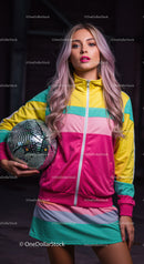 Colorful Sporting Outfit with Pastel Pink Hair and Mirror Ball