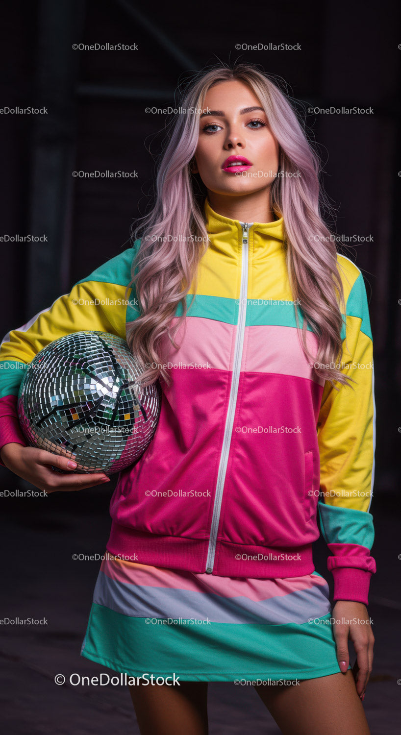 Kolorowy strój sportowy z pastelowo-różowymi włosami i lustrzaną kulą